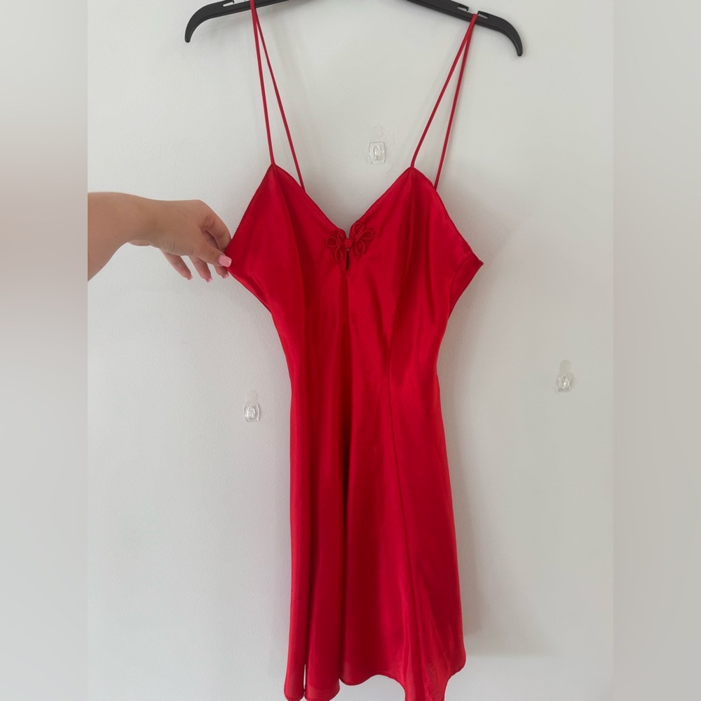 Red Satin Slip Chemise with Delicate Lace Detail